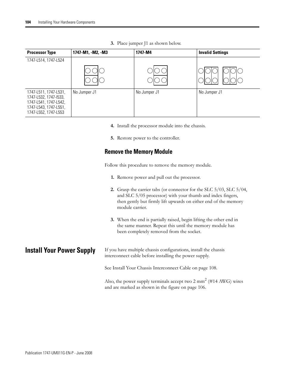 Install your power supply, Remove the memory module | Rockwell Automation 1747-L5xx SLC 500 Modular Hardware Style User Manual User Manual | Page 104 / 296