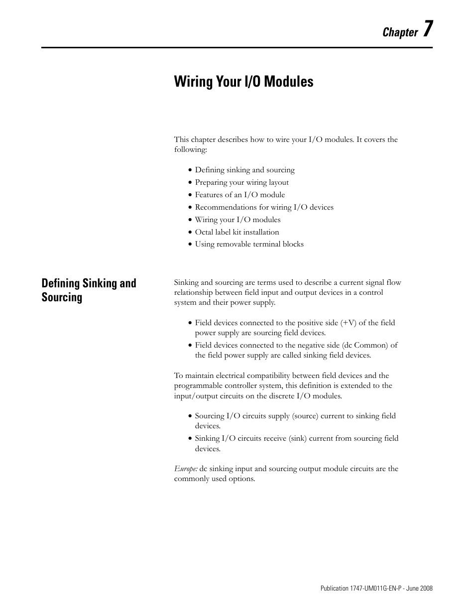 7 - wiring your i/o modules, Defining sinking and sourcing, Chapter 7 | Wiring your i/o modules, Chapter | Rockwell Automation 1747-L5xx SLC 500 Modular Hardware Style User Manual User Manual | Page 111 / 296