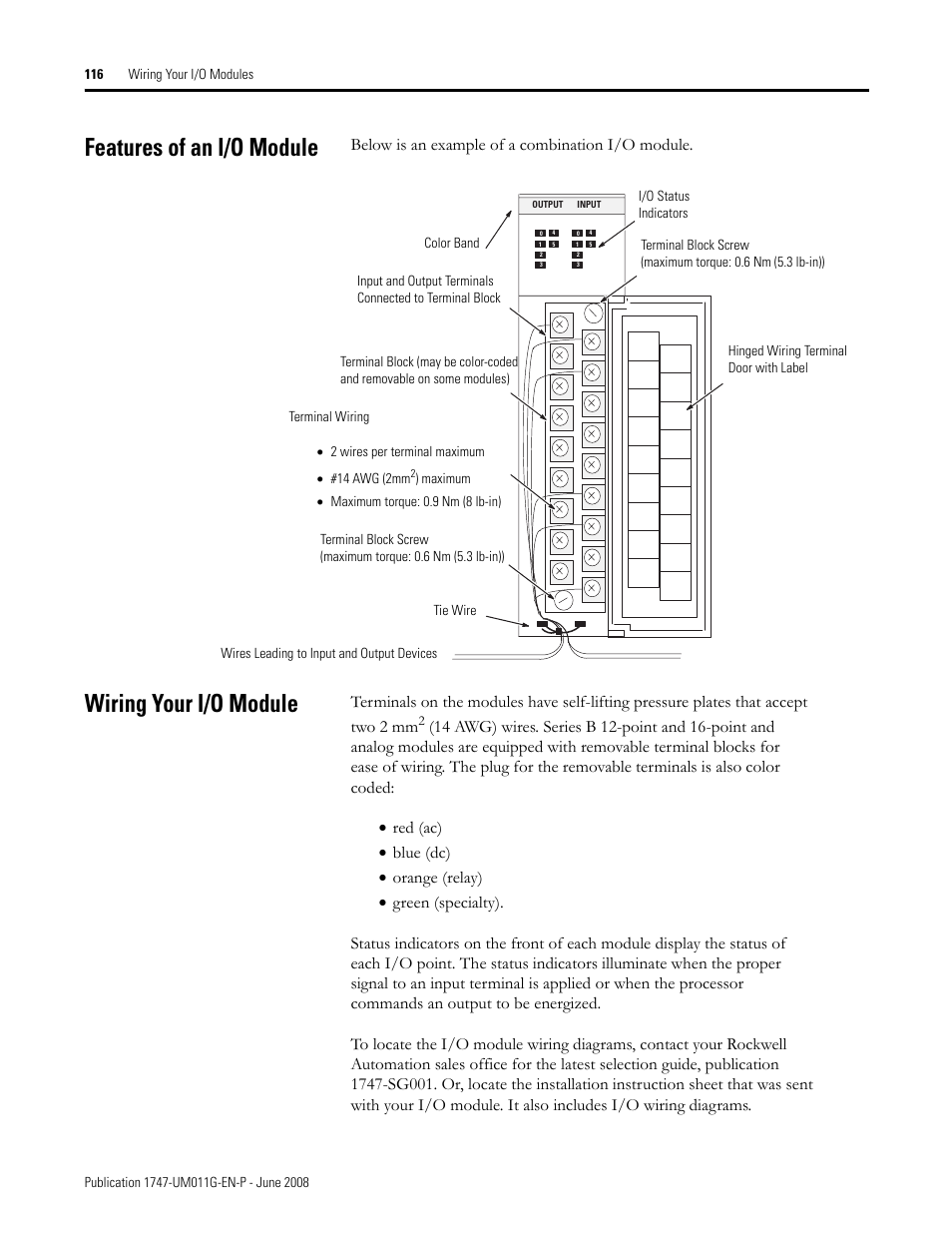 Features of an i/o module, Wiring your i/o module, Features of an i/o module wiring your i/o module | Below is an example of a combination i/o module | Rockwell Automation 1747-L5xx SLC 500 Modular Hardware Style User Manual User Manual | Page 116 / 296