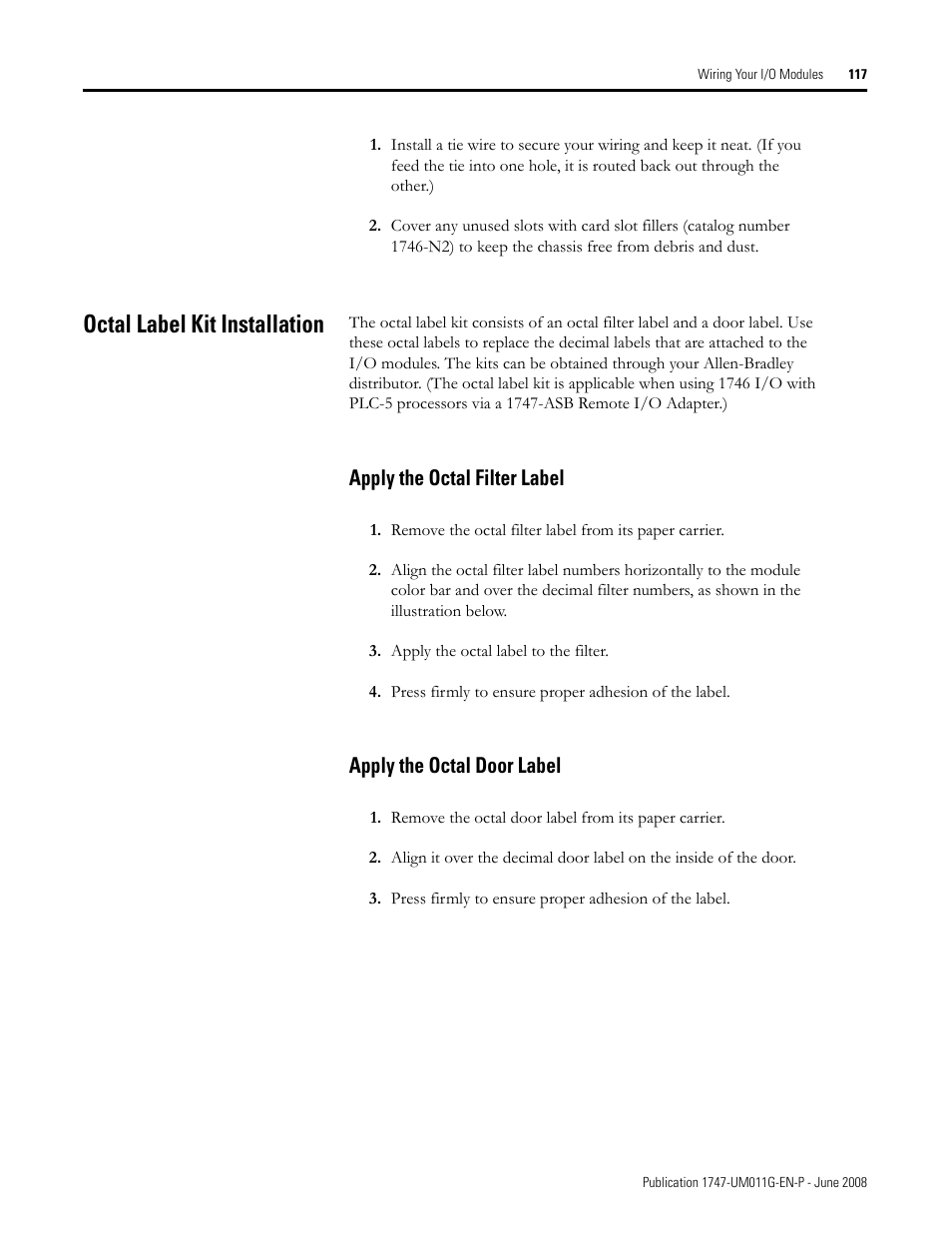 Octal label kit installation, Apply the octal filter label, Apply the octal door label | Rockwell Automation 1747-L5xx SLC 500 Modular Hardware Style User Manual User Manual | Page 117 / 296