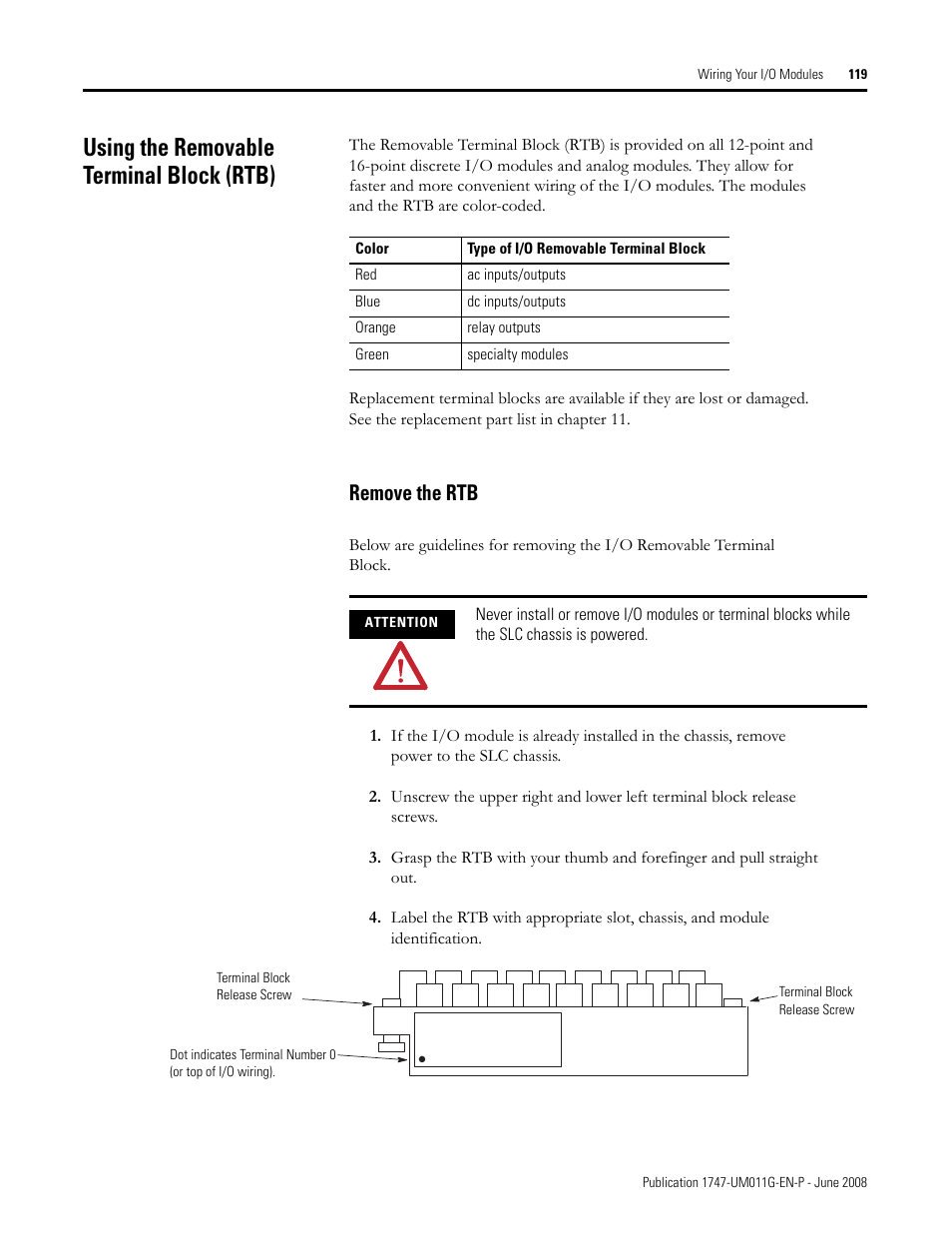 Using the removable terminal block (rtb), Remove the rtb | Rockwell Automation 1747-L5xx SLC 500 Modular Hardware Style User Manual User Manual | Page 119 / 296