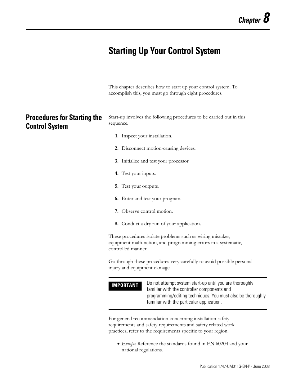 8 - starting up your control system, Procedures for starting the control system, Chapter 8 | Starting up your control system, Chapter | Rockwell Automation 1747-L5xx SLC 500 Modular Hardware Style User Manual User Manual | Page 121 / 296