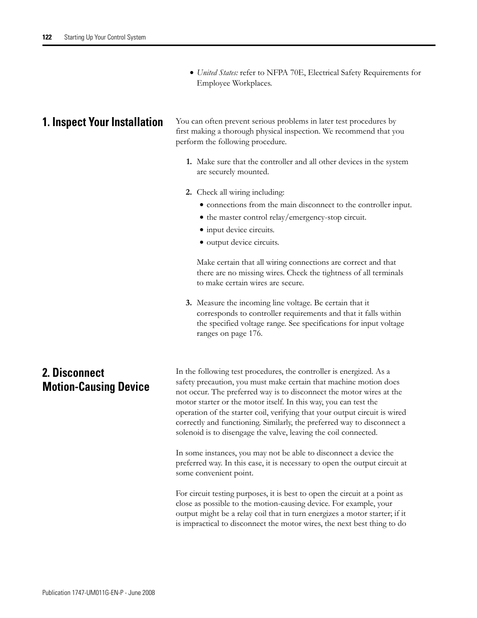 Inspect your installation, Disconnect motion-causing device | Rockwell Automation 1747-L5xx SLC 500 Modular Hardware Style User Manual User Manual | Page 122 / 296