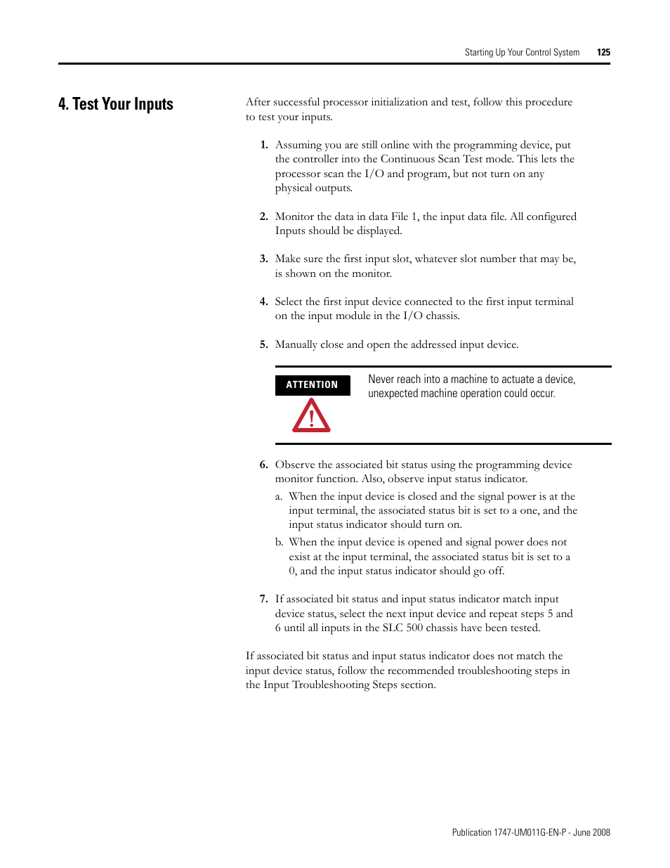 Test your inputs | Rockwell Automation 1747-L5xx SLC 500 Modular Hardware Style User Manual User Manual | Page 125 / 296