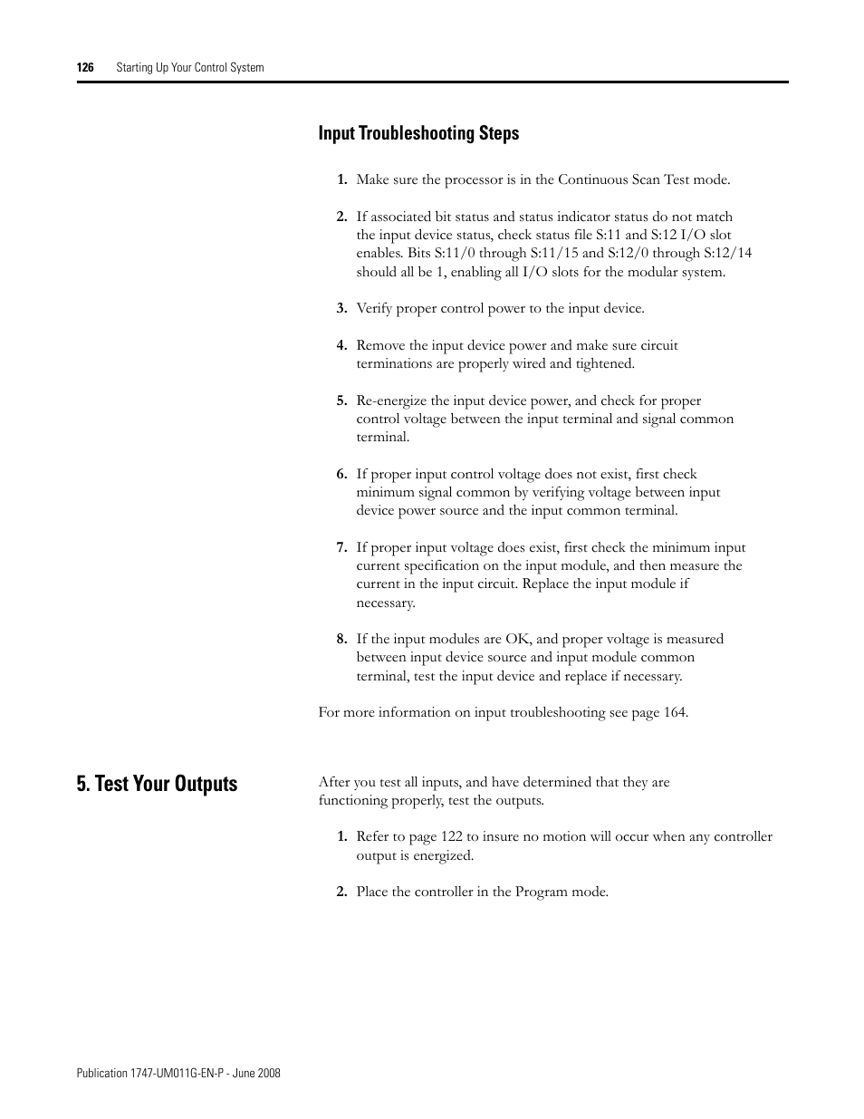 Test your outputs, Input troubleshooting steps | Rockwell Automation 1747-L5xx SLC 500 Modular Hardware Style User Manual User Manual | Page 126 / 296