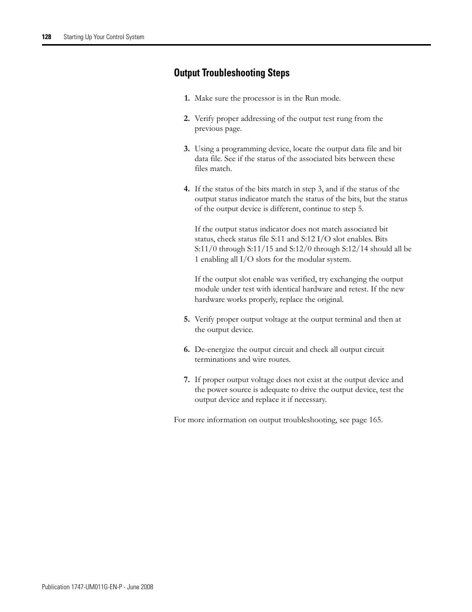Output troubleshooting steps | Rockwell Automation 1747-L5xx SLC 500 Modular Hardware Style User Manual User Manual | Page 128 / 296