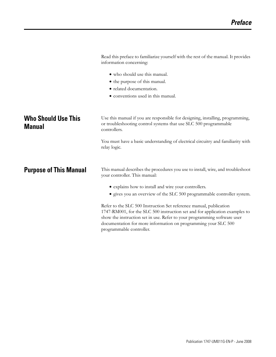 Preface, Who should use this manual, Purpose of this manual | Who should use this manual purpose of this manual | Rockwell Automation 1747-L5xx SLC 500 Modular Hardware Style User Manual User Manual | Page 13 / 296