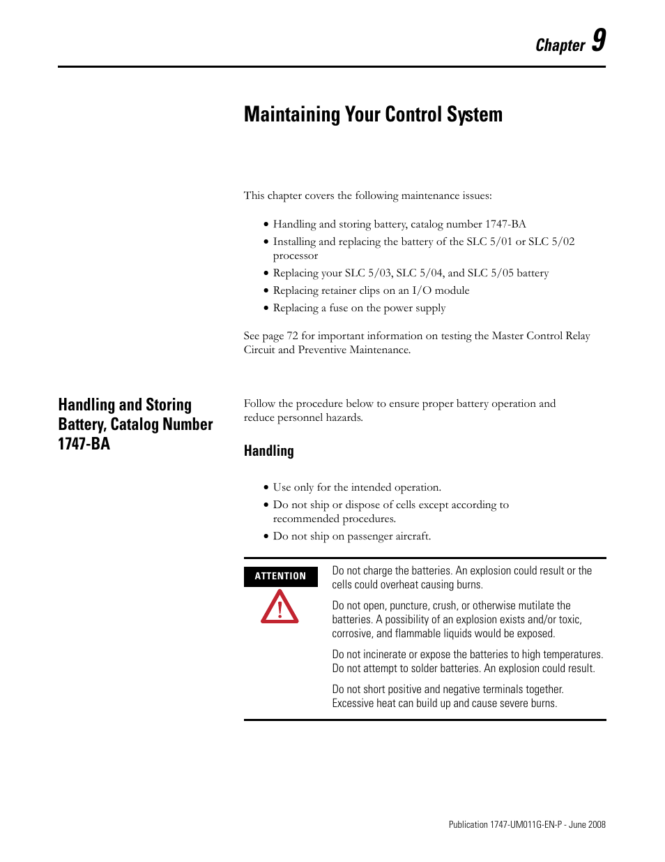 9 - maintaining your control system, Chapter 9, Maintaining your control system | Handling, Chapter | Rockwell Automation 1747-L5xx SLC 500 Modular Hardware Style User Manual User Manual | Page 133 / 296