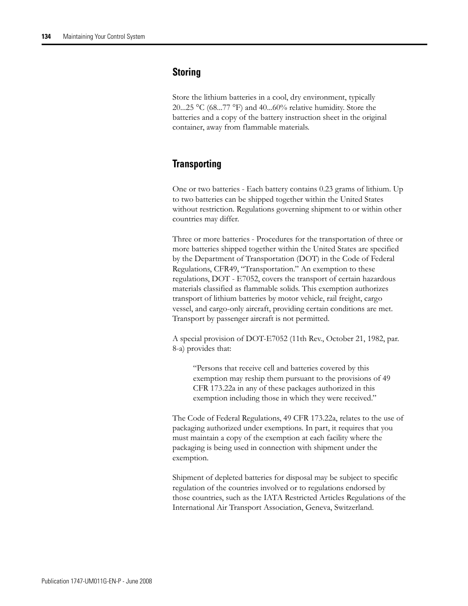 Storing transporting, Storing, Transporting | Rockwell Automation 1747-L5xx SLC 500 Modular Hardware Style User Manual User Manual | Page 134 / 296