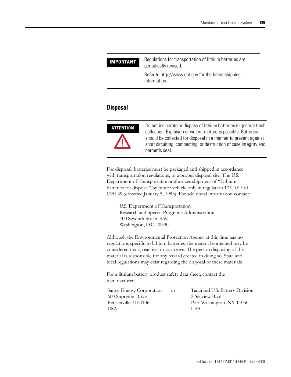 Disposal | Rockwell Automation 1747-L5xx SLC 500 Modular Hardware Style User Manual User Manual | Page 135 / 296