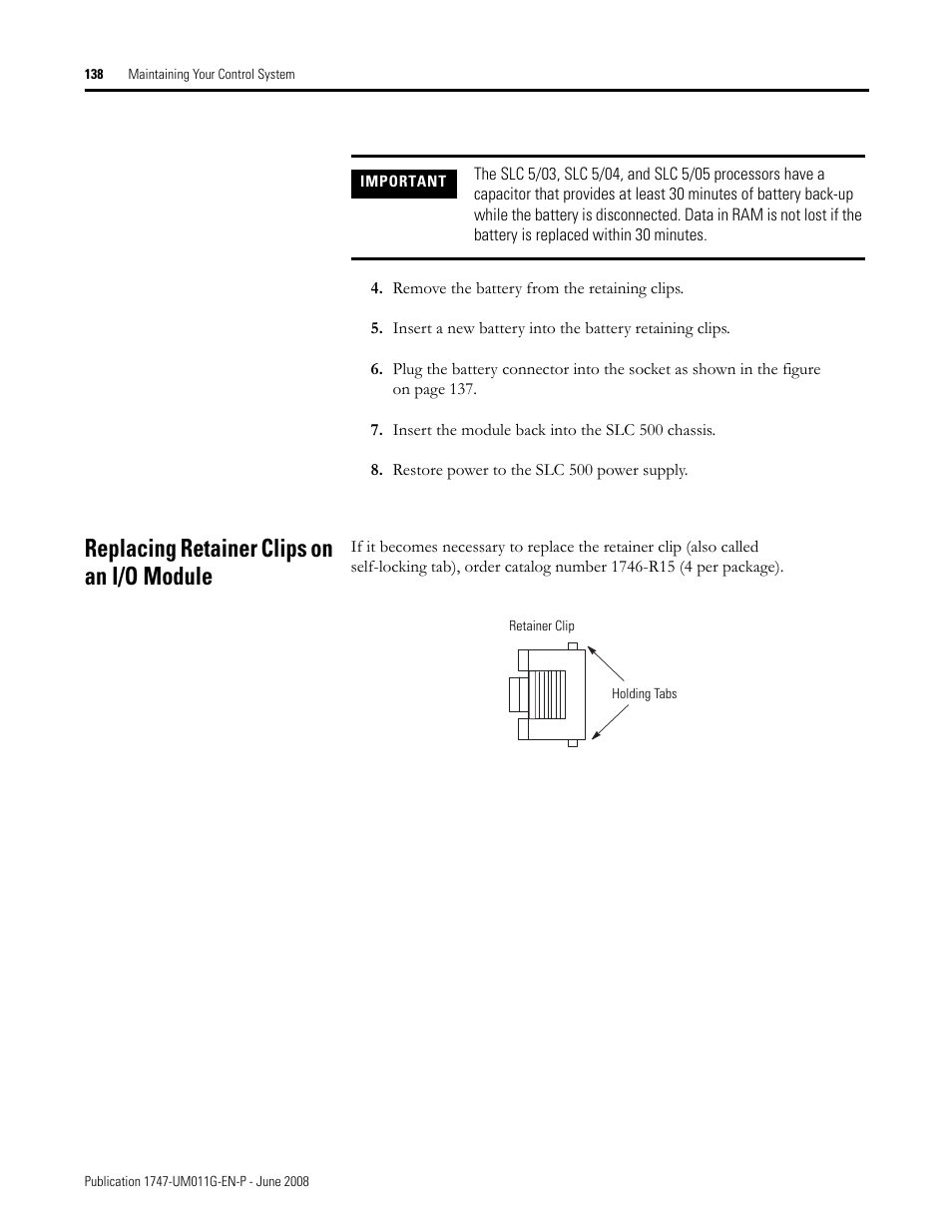 Replacing retainer clips on an i/o module | Rockwell Automation 1747-L5xx SLC 500 Modular Hardware Style User Manual User Manual | Page 138 / 296