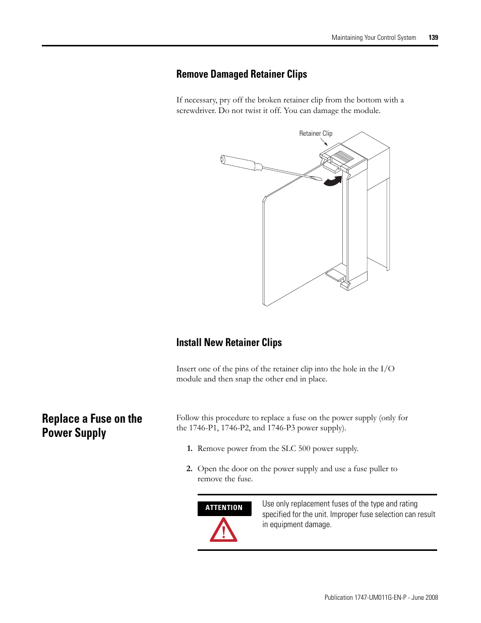 Replace a fuse on the power supply, Remove damaged retainer clips, Install new retainer clips | Rockwell Automation 1747-L5xx SLC 500 Modular Hardware Style User Manual User Manual | Page 139 / 296