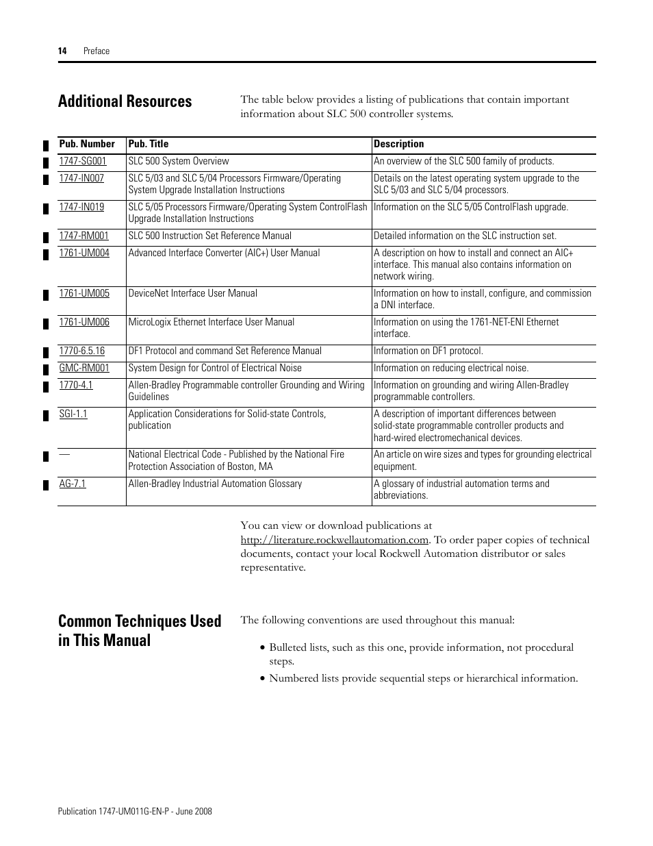 Additional resources, Common techniques used in this manual | Rockwell Automation 1747-L5xx SLC 500 Modular Hardware Style User Manual User Manual | Page 14 / 296