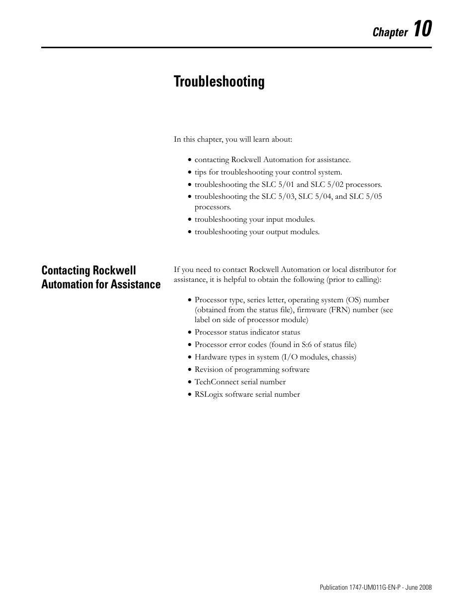 10 - troubleshooting, Contacting rockwell automation for assistance, Chapter 10 | Troubleshooting, Chapter | Rockwell Automation 1747-L5xx SLC 500 Modular Hardware Style User Manual User Manual | Page 141 / 296