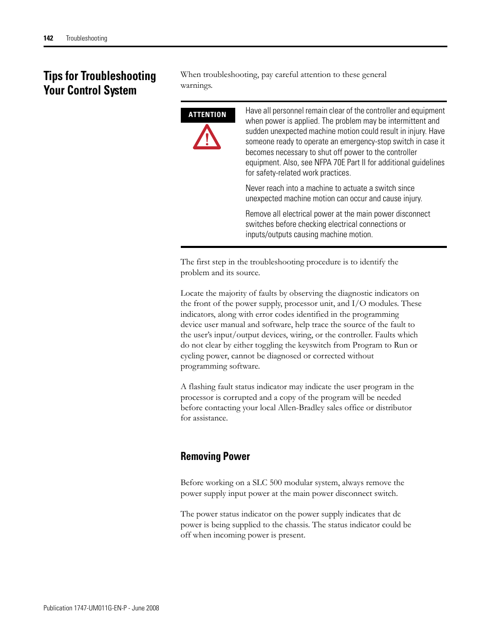 Tips for troubleshooting your control system, Removing power | Rockwell Automation 1747-L5xx SLC 500 Modular Hardware Style User Manual User Manual | Page 142 / 296