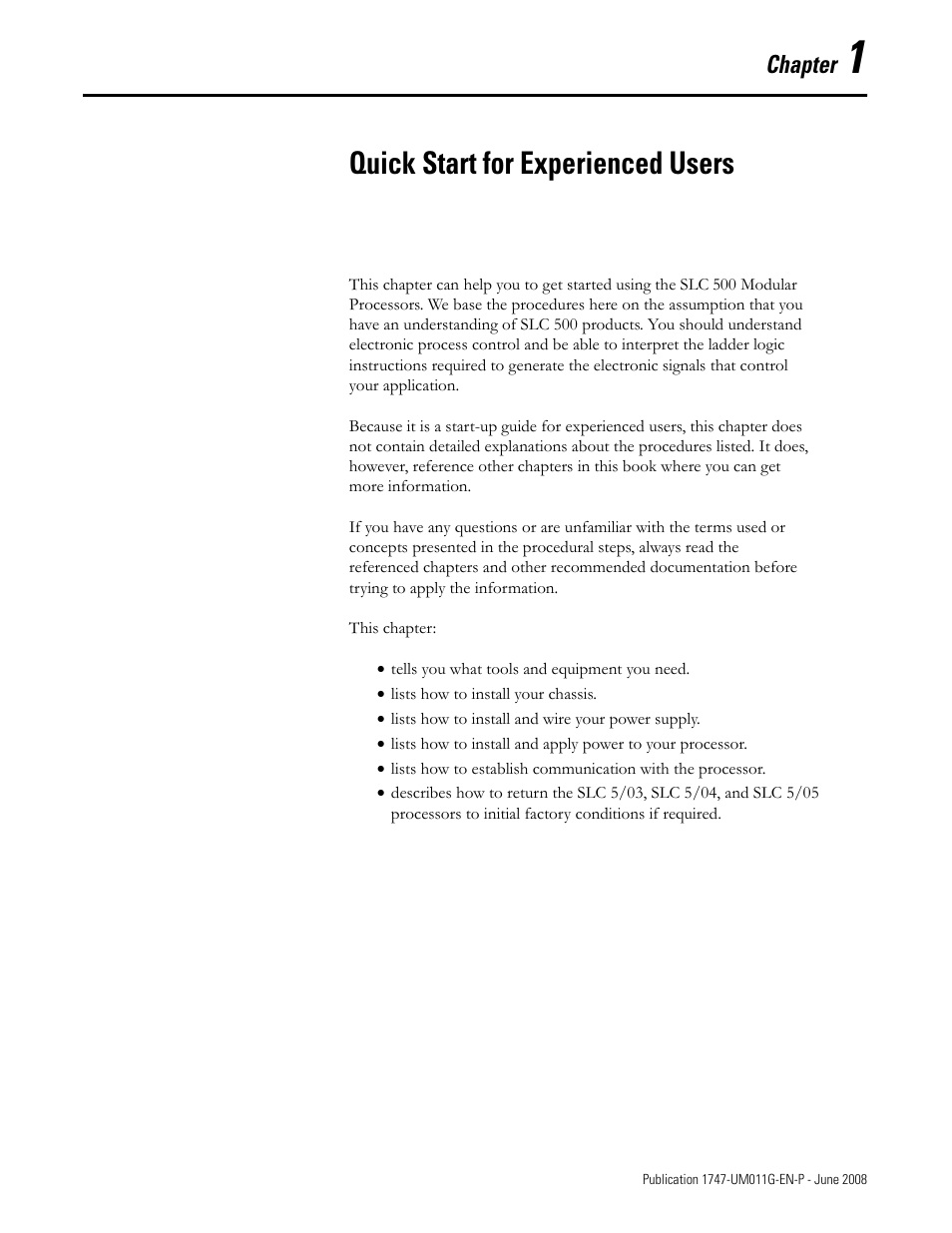 1 - quick start for experienced users, Chapter 1, Quick start for experienced users | Chapter | Rockwell Automation 1747-L5xx SLC 500 Modular Hardware Style User Manual User Manual | Page 15 / 296