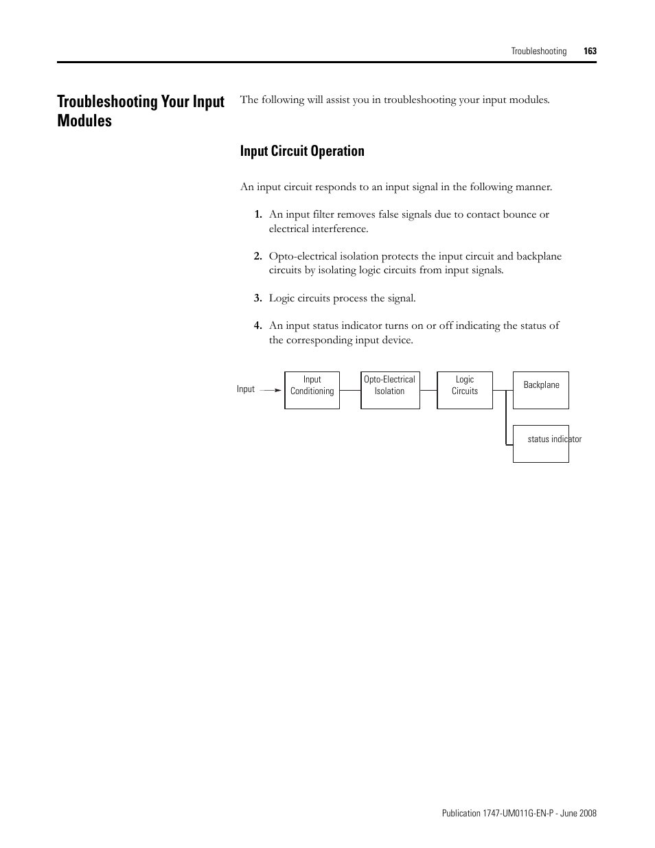 Troubleshooting your input modules, Input circuit operation | Rockwell Automation 1747-L5xx SLC 500 Modular Hardware Style User Manual User Manual | Page 163 / 296