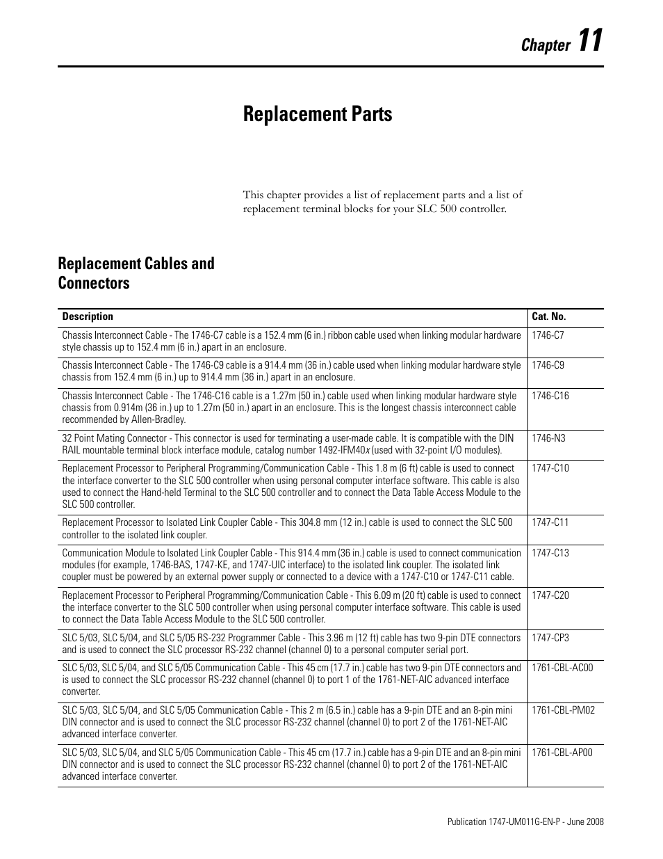 11 - replacement parts, Replacement cables and connectors, Chapter 11 | Replacement parts, Chapter | Rockwell Automation 1747-L5xx SLC 500 Modular Hardware Style User Manual User Manual | Page 169 / 296