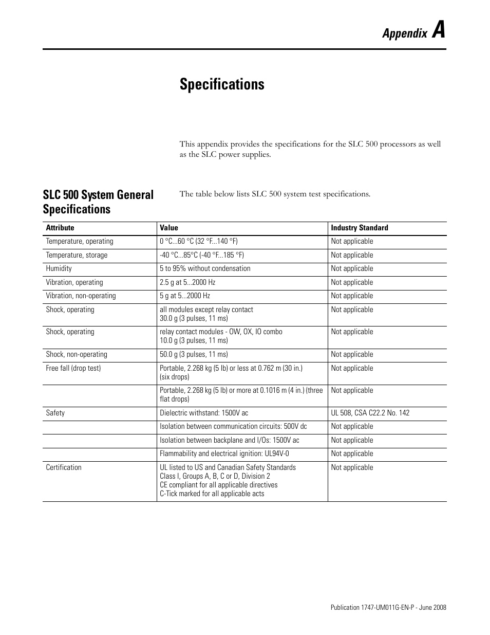 A - specifications, Slc 500 system general specifications, Appendix a | Specifications, Appendix | Rockwell Automation 1747-L5xx SLC 500 Modular Hardware Style User Manual User Manual | Page 175 / 296