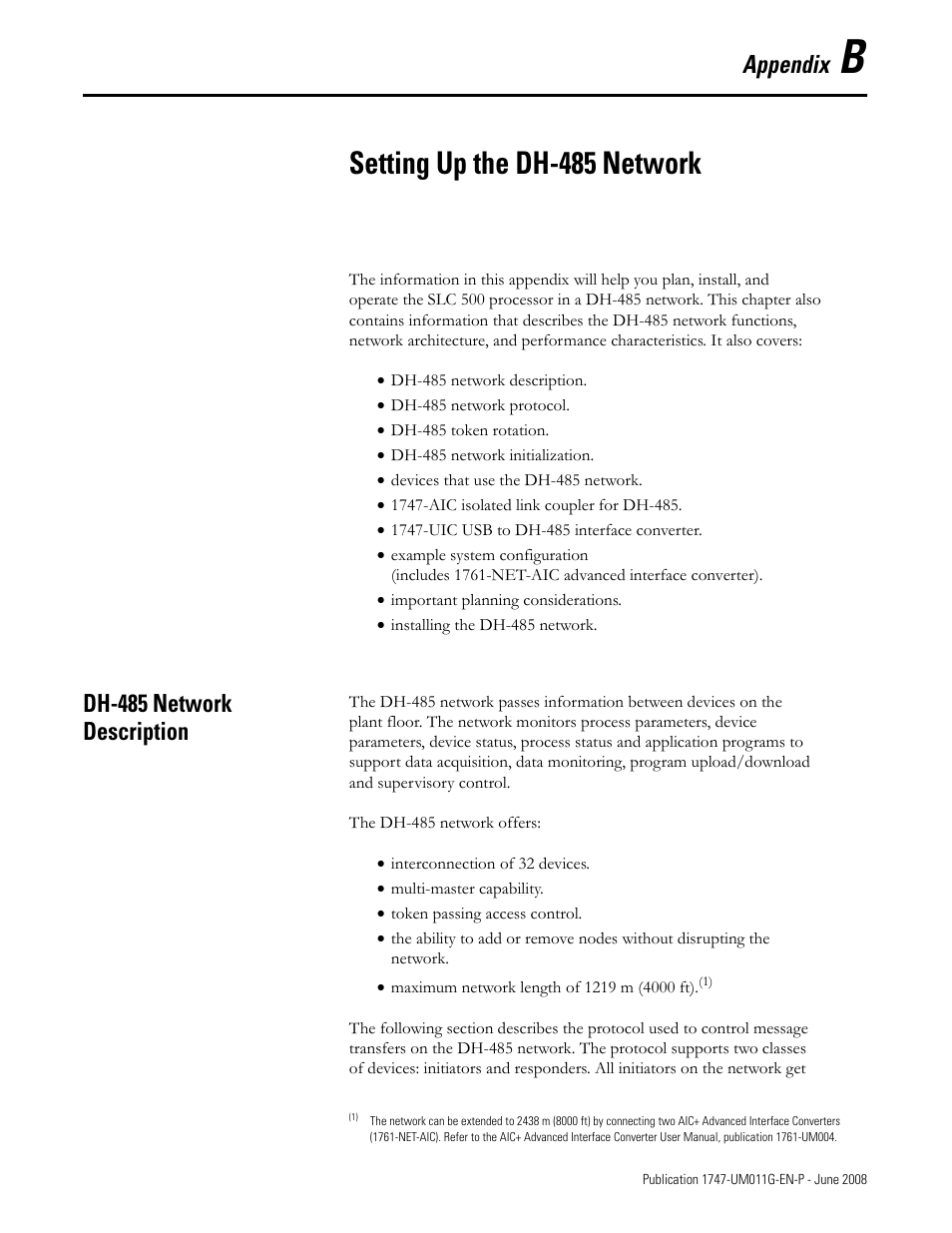 B - setting up the dh-485 network, Dh-485 network description, Appendix b | Setting up the dh-485 network, Appendix | Rockwell Automation 1747-L5xx SLC 500 Modular Hardware Style User Manual User Manual | Page 181 / 296