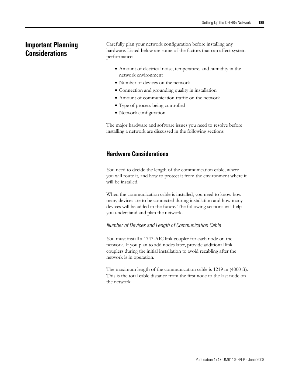 Important planning considerations, Hardware considerations | Rockwell Automation 1747-L5xx SLC 500 Modular Hardware Style User Manual User Manual | Page 189 / 296