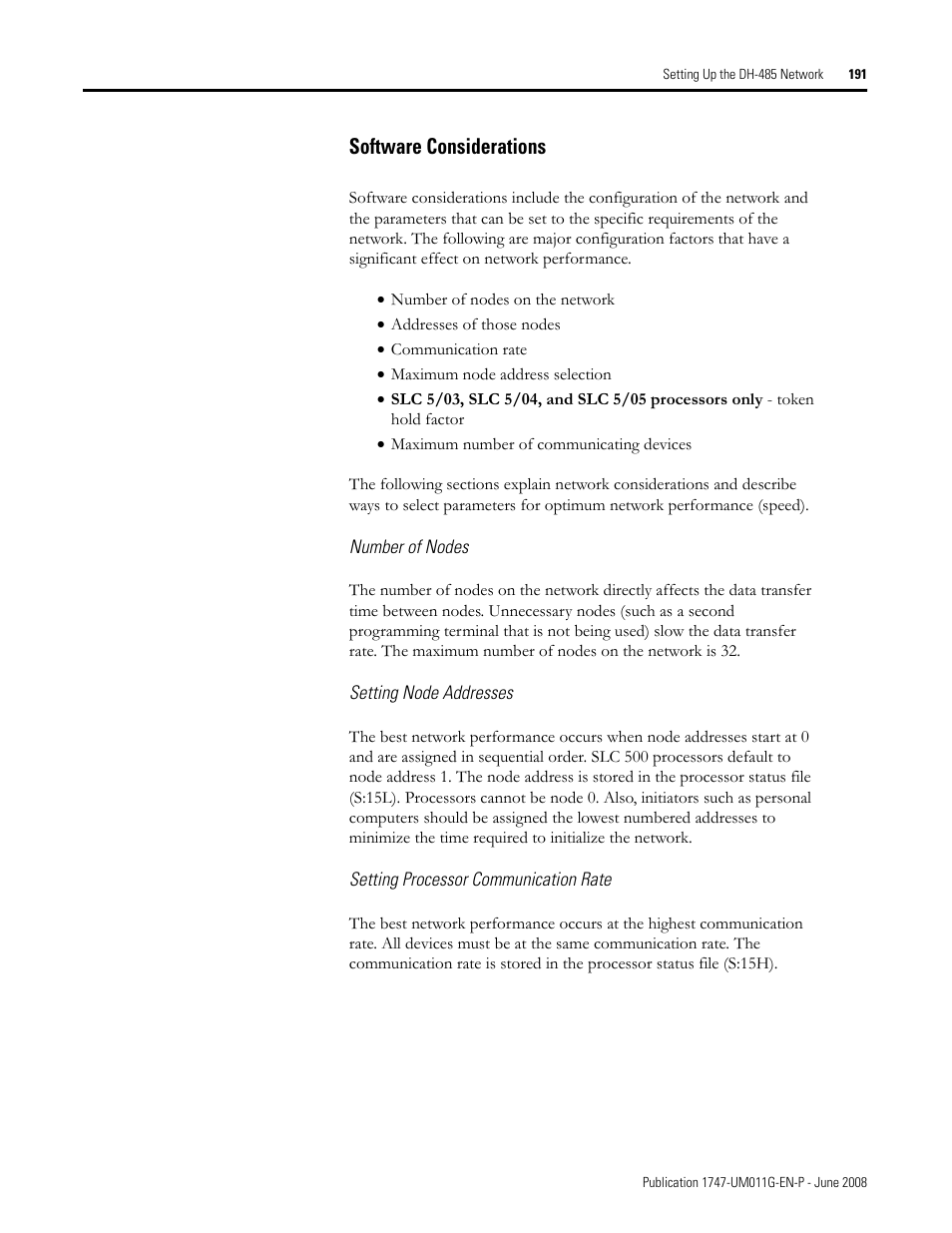 Software considerations | Rockwell Automation 1747-L5xx SLC 500 Modular Hardware Style User Manual User Manual | Page 191 / 296