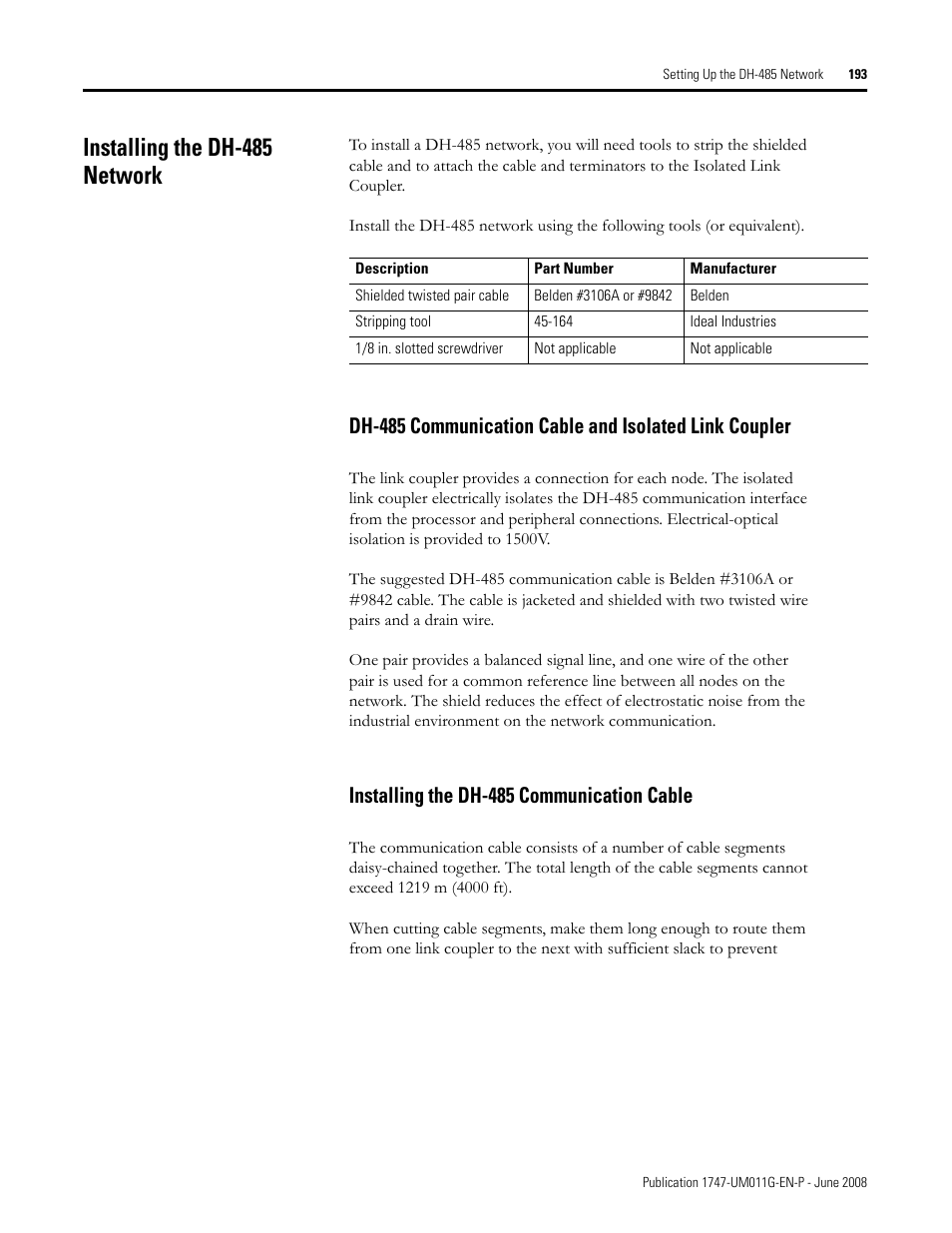 Installing the dh-485 network, Installing the dh-485 communication cable | Rockwell Automation 1747-L5xx SLC 500 Modular Hardware Style User Manual User Manual | Page 193 / 296