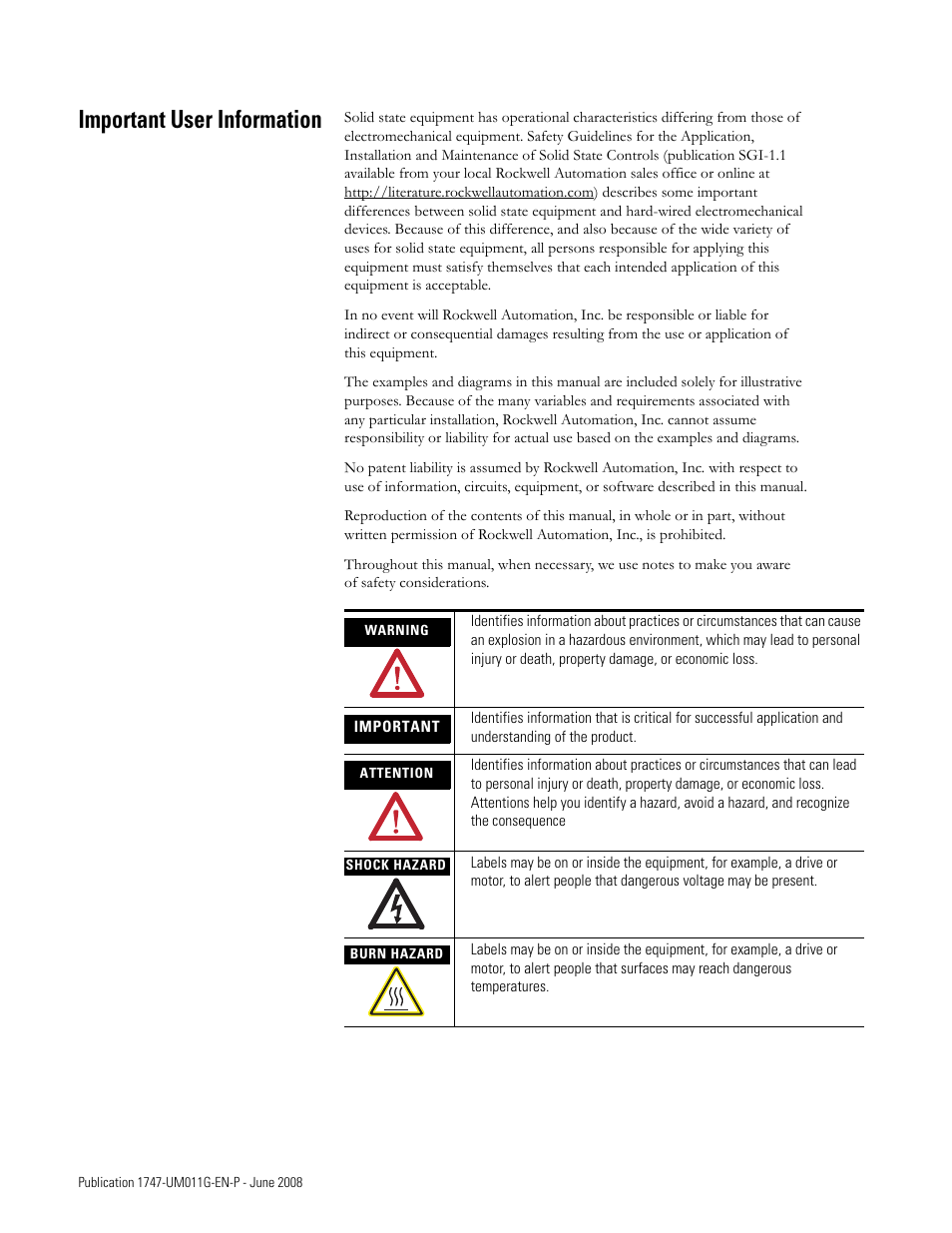 Important user information | Rockwell Automation 1747-L5xx SLC 500 Modular Hardware Style User Manual User Manual | Page 2 / 296