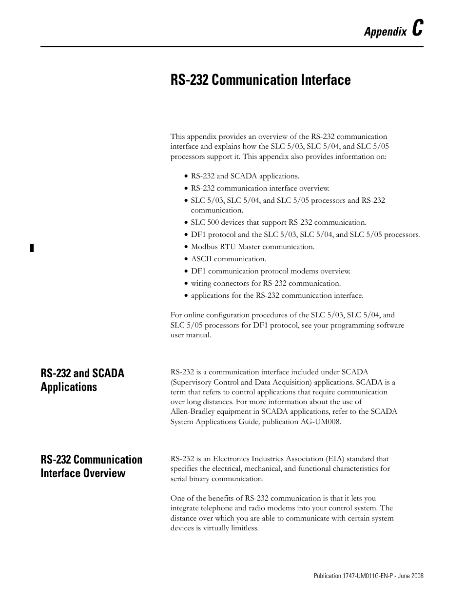 C - rs-232 communication interface, Rs-232 and scada applications, Rs-232 communication interface overview | Appendix c, Rs-232 communication interface, Appendix | Rockwell Automation 1747-L5xx SLC 500 Modular Hardware Style User Manual User Manual | Page 201 / 296