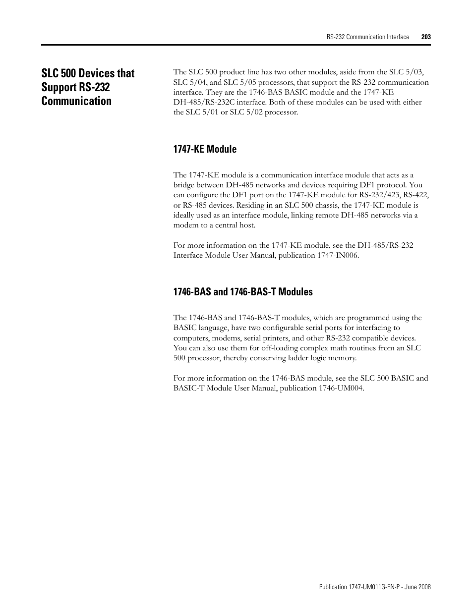 Slc 500 devices that support rs-232 communication, 1747-ke module 1746-bas and 1746-bas-t modules | Rockwell Automation 1747-L5xx SLC 500 Modular Hardware Style User Manual User Manual | Page 203 / 296