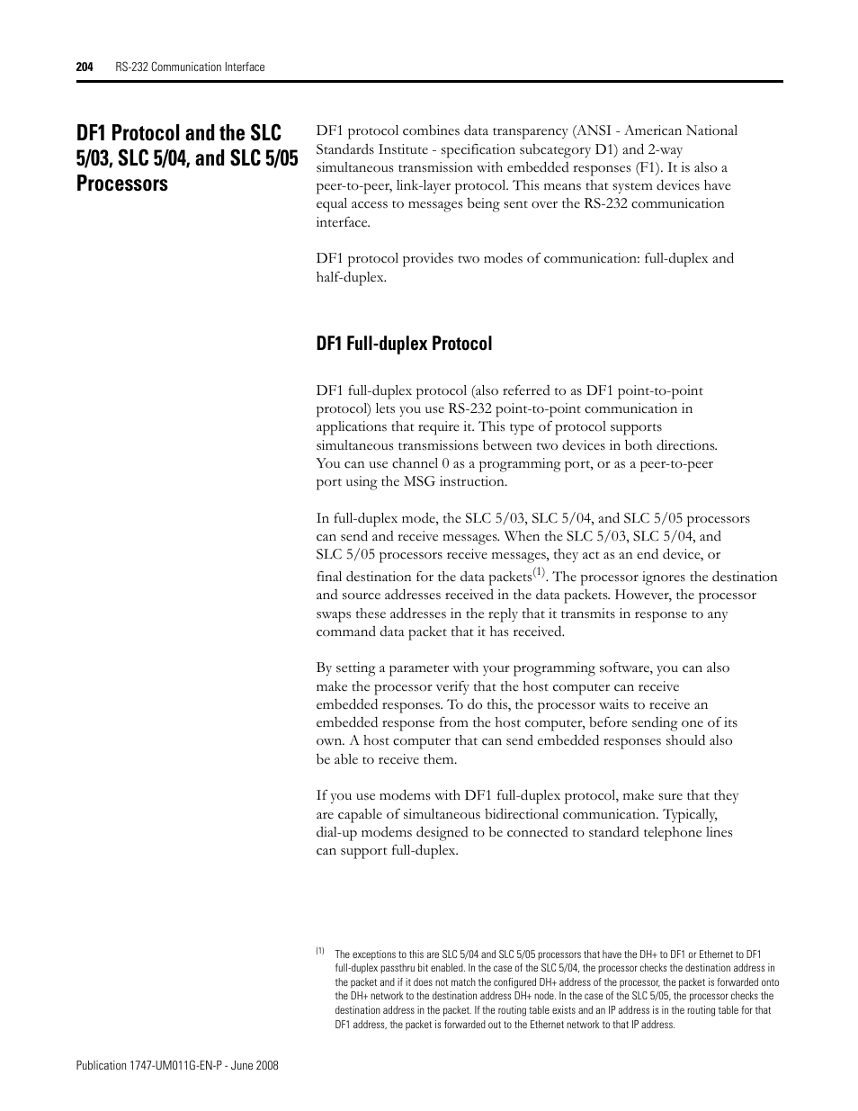 Df1 full-duplex protocol | Rockwell Automation 1747-L5xx SLC 500 Modular Hardware Style User Manual User Manual | Page 204 / 296