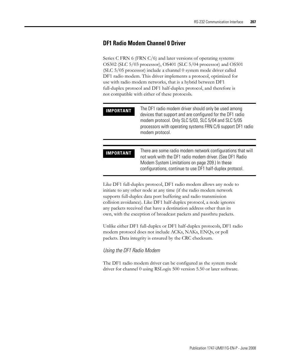 Df1 radio modem channel 0 driver | Rockwell Automation 1747-L5xx SLC 500 Modular Hardware Style User Manual User Manual | Page 207 / 296