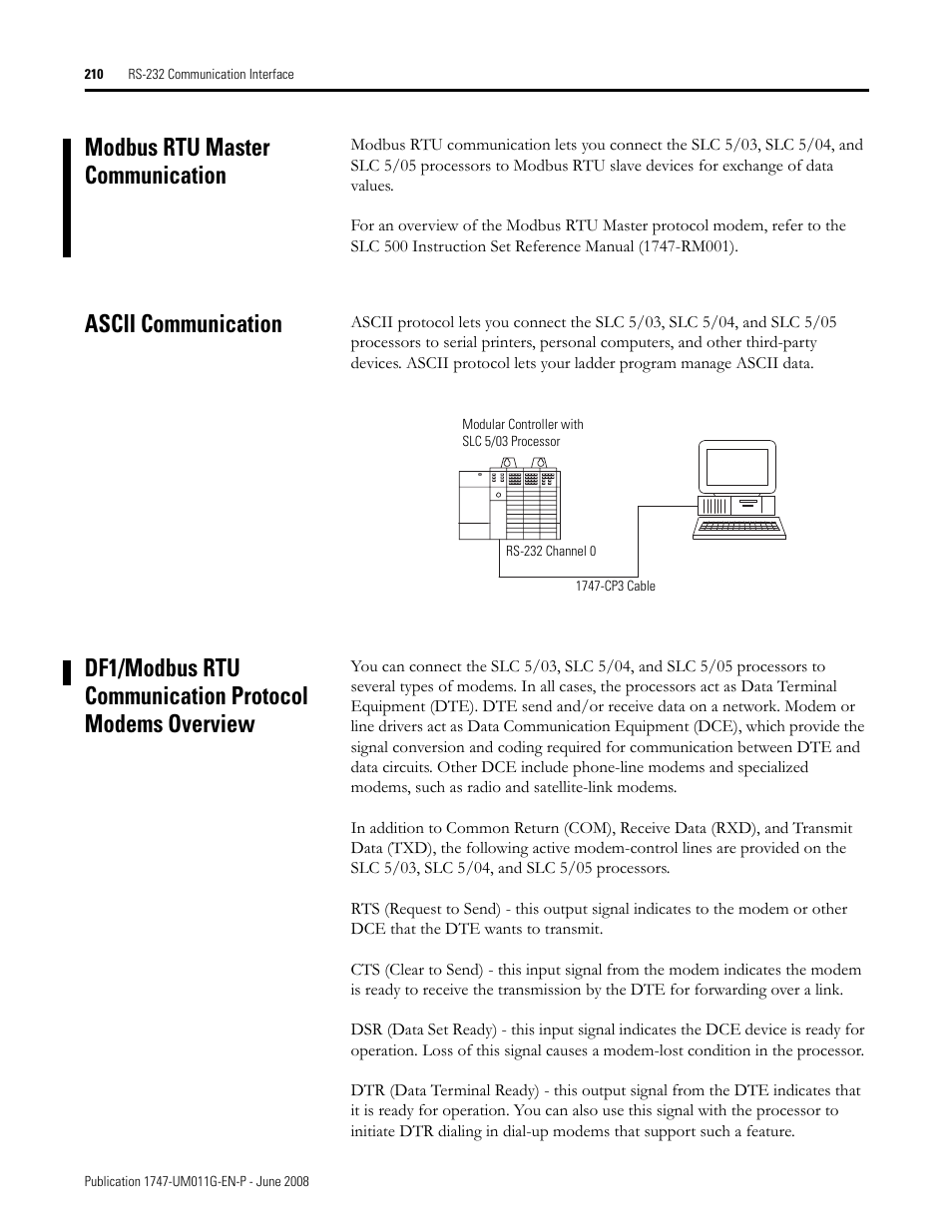 Modbus rtu master communication, Ascii communication | Rockwell Automation 1747-L5xx SLC 500 Modular Hardware Style User Manual User Manual | Page 210 / 296