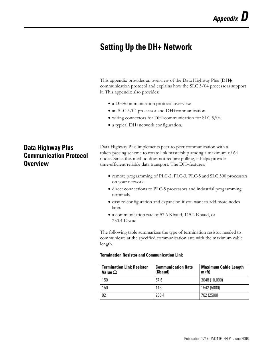 D - setting up the dh+ network, Data highway plus communication protocol overview, Appendix d | Setting up the dh+ network, Appendix | Rockwell Automation 1747-L5xx SLC 500 Modular Hardware Style User Manual User Manual | Page 221 / 296