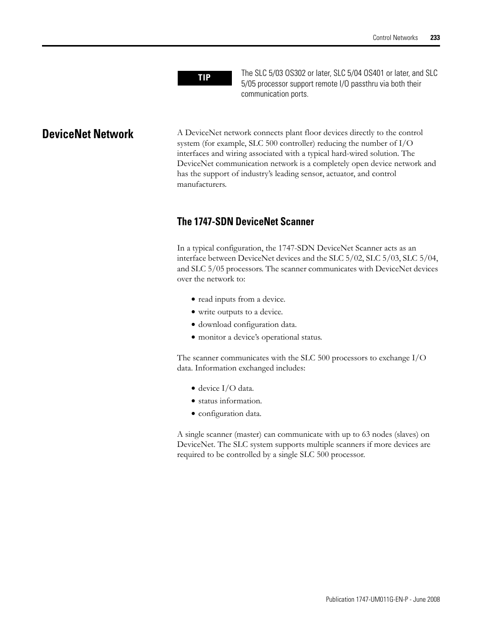 Devicenet network, The 1747-sdn devicenet scanner | Rockwell Automation 1747-L5xx SLC 500 Modular Hardware Style User Manual User Manual | Page 233 / 296