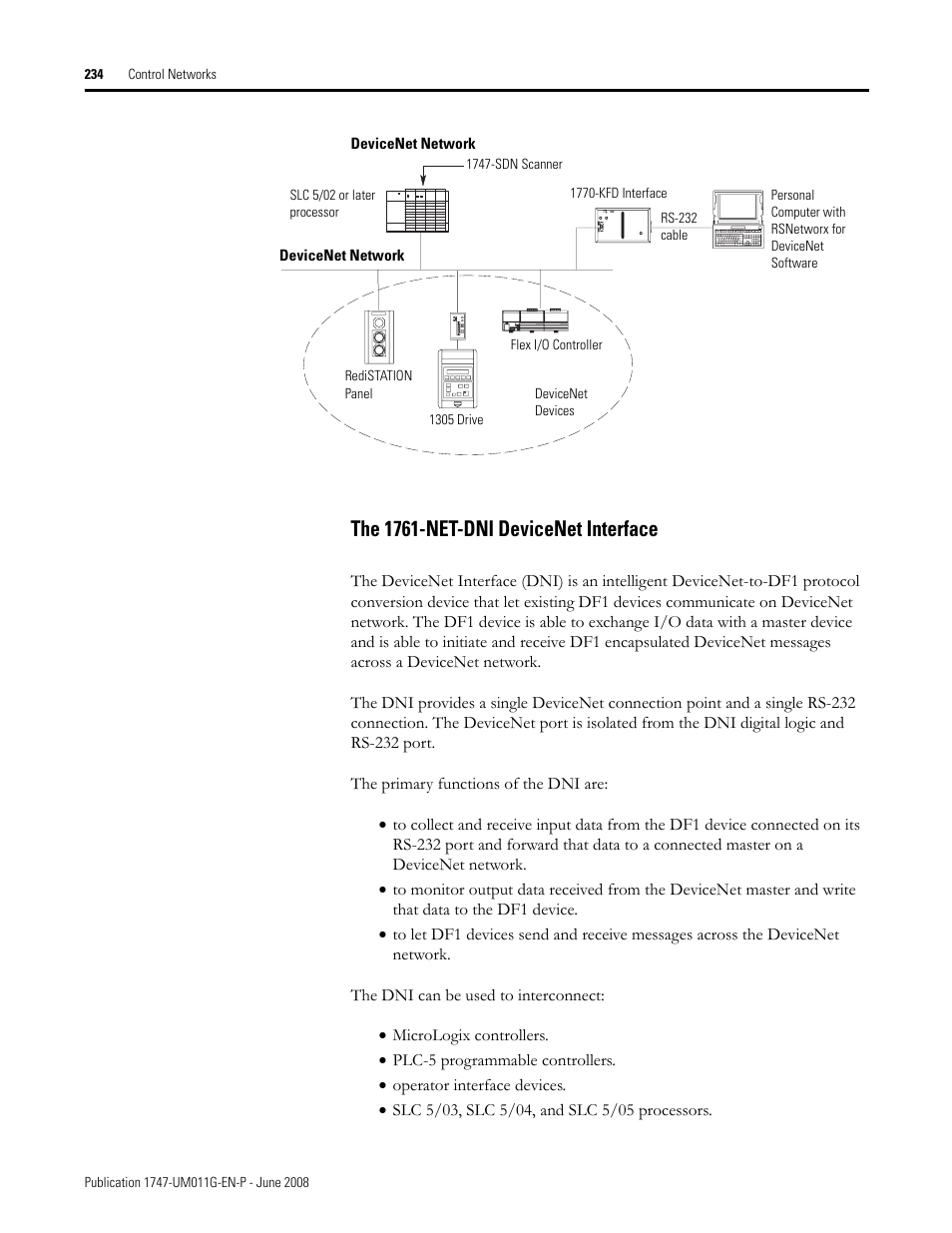 The 1761-net-dni devicenet interface | Rockwell Automation 1747-L5xx SLC 500 Modular Hardware Style User Manual User Manual | Page 234 / 296