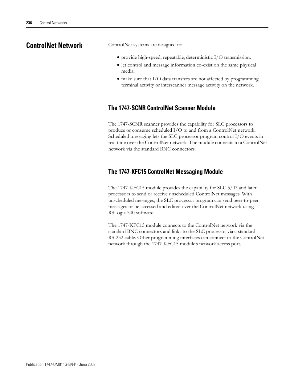 Controlnet network, The 1747-scnr controlnet scanner module | Rockwell Automation 1747-L5xx SLC 500 Modular Hardware Style User Manual User Manual | Page 236 / 296