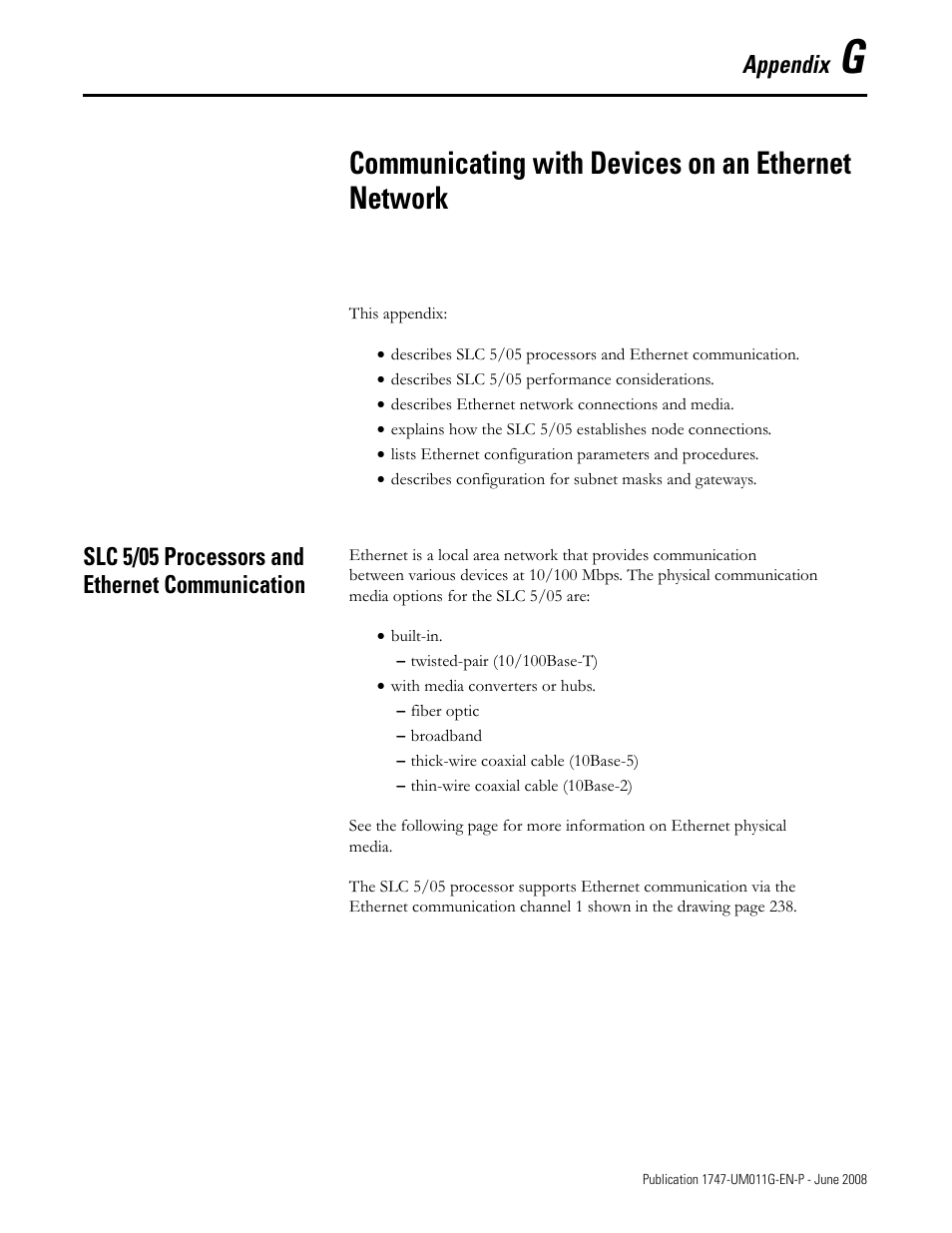 Slc 5/05 processors and ethernet communication, Appendix g, Communicating with devices on an ethernet network | Appendix | Rockwell Automation 1747-L5xx SLC 500 Modular Hardware Style User Manual User Manual | Page 237 / 296