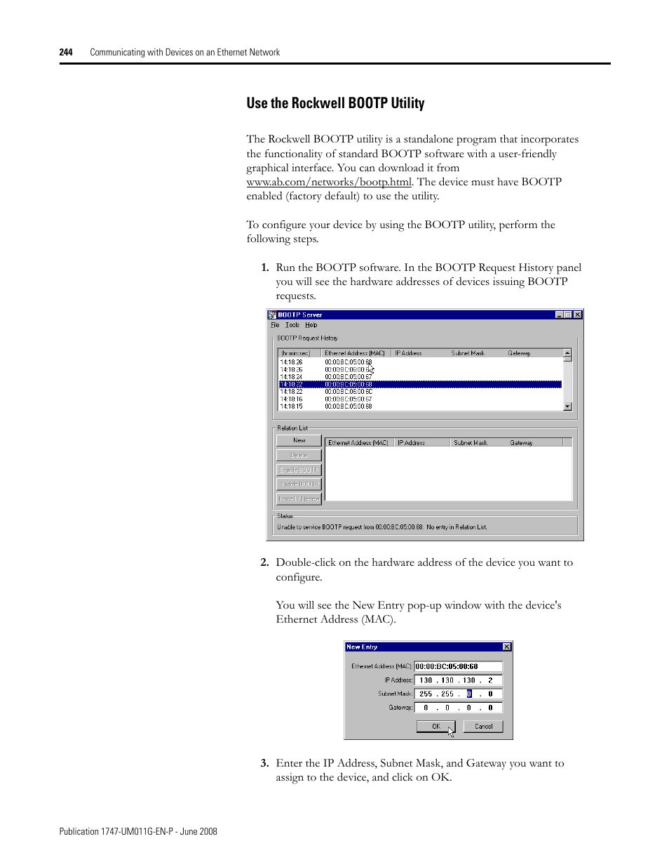 Use the rockwell bootp utility | Rockwell Automation 1747-L5xx SLC 500 Modular Hardware Style User Manual User Manual | Page 244 / 296