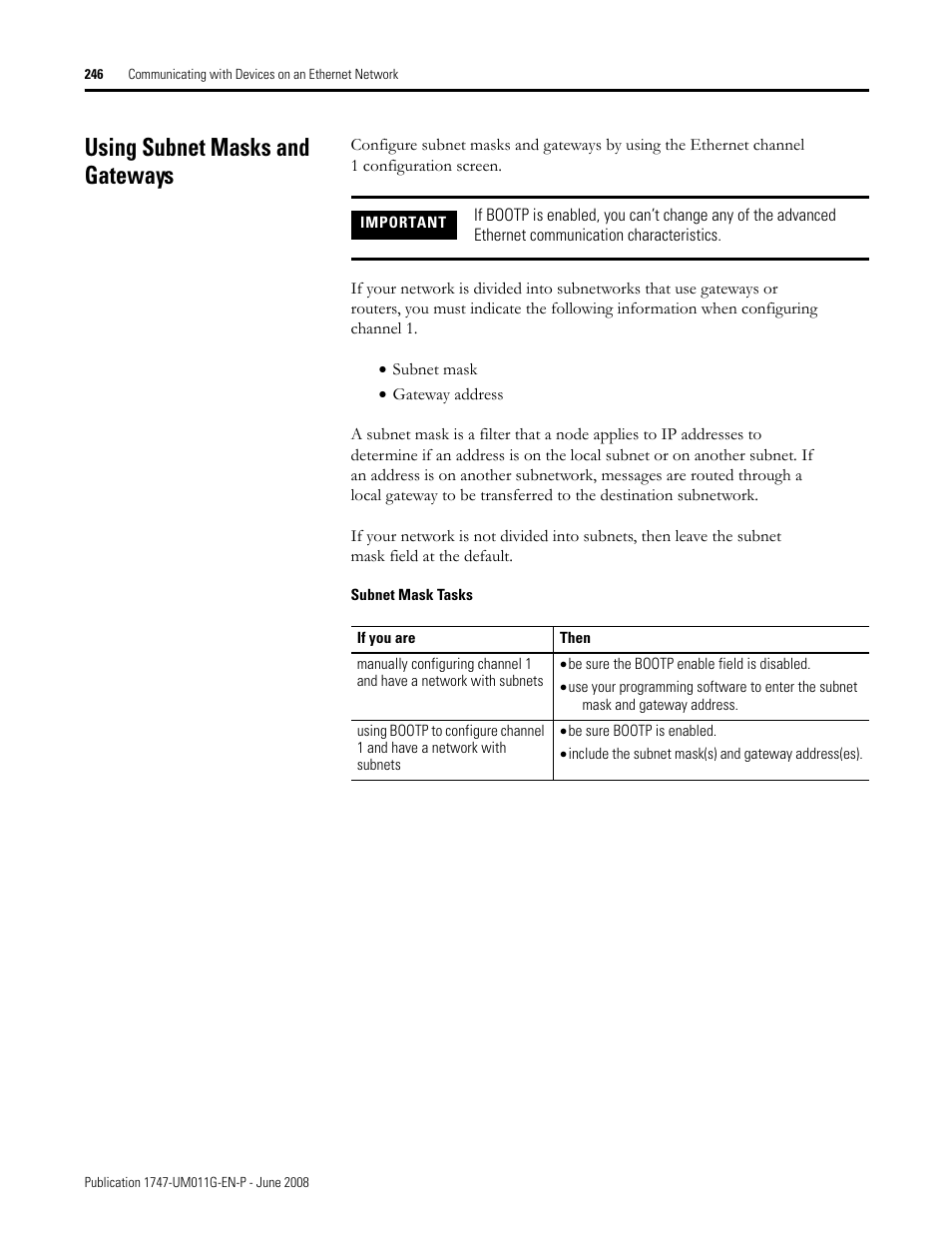 Using subnet masks and gateways | Rockwell Automation 1747-L5xx SLC 500 Modular Hardware Style User Manual User Manual | Page 246 / 296