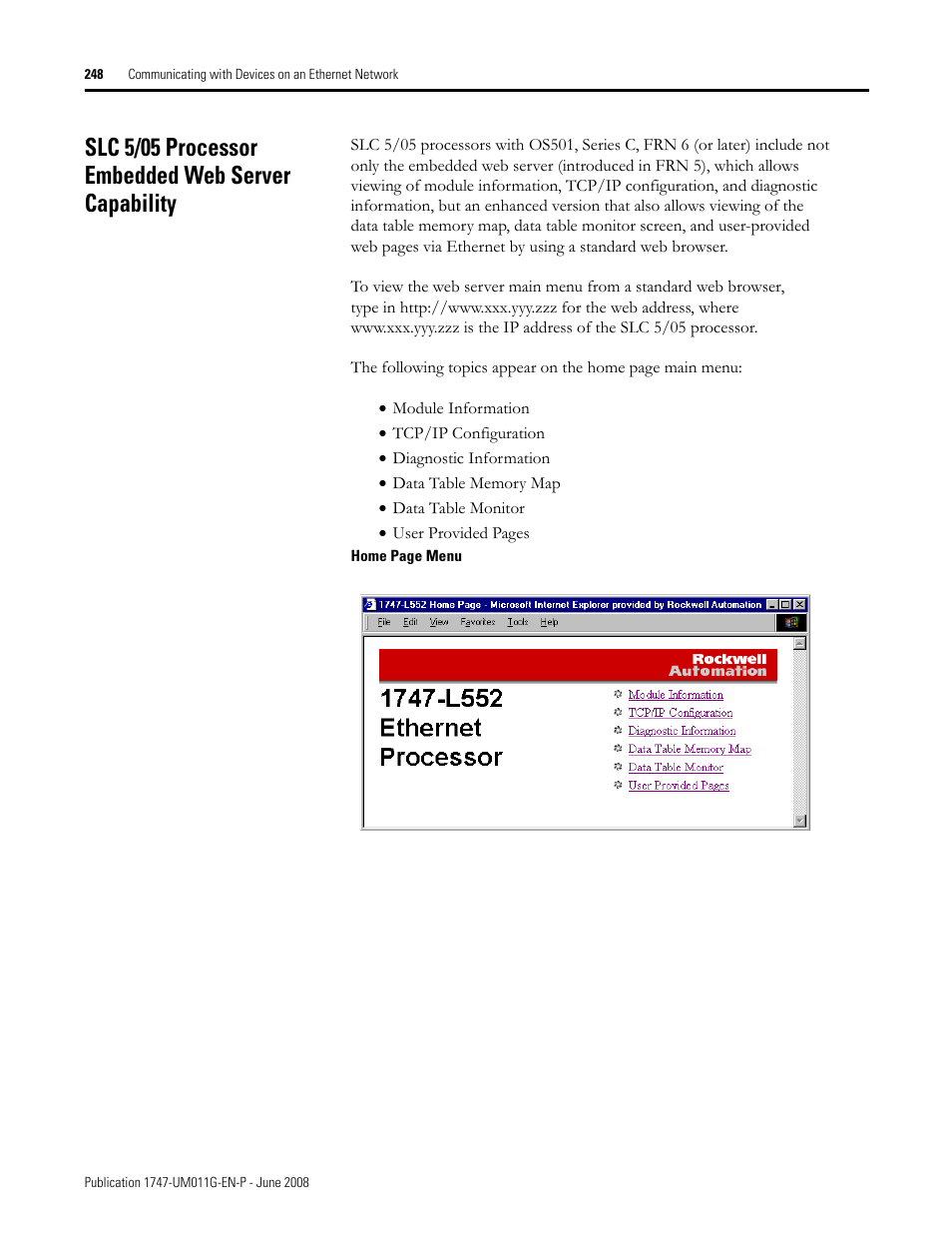 Slc 5/05 processor embedded web server capability | Rockwell Automation 1747-L5xx SLC 500 Modular Hardware Style User Manual User Manual | Page 248 / 296