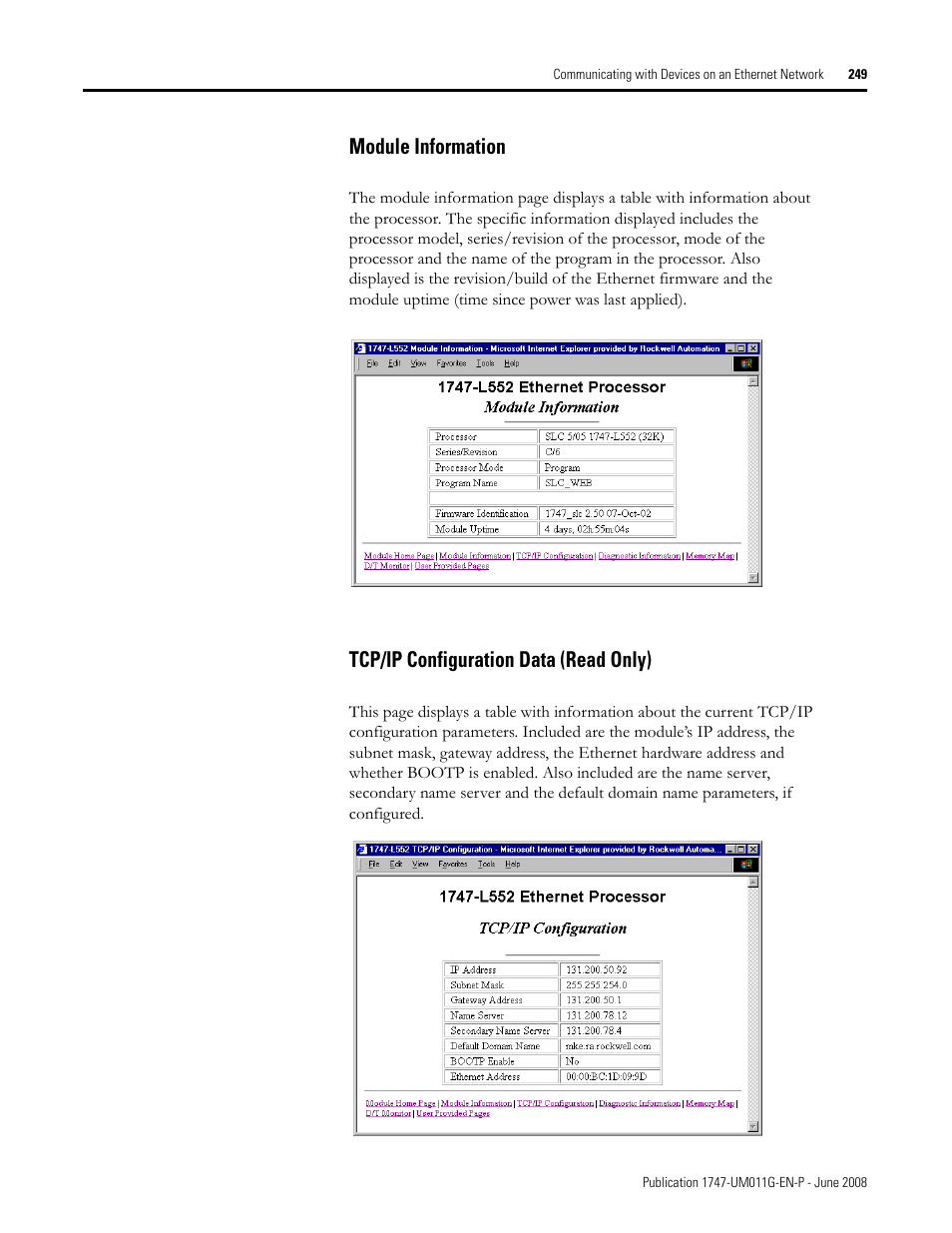 Module information, Tcp/ip configuration data (read only) | Rockwell Automation 1747-L5xx SLC 500 Modular Hardware Style User Manual User Manual | Page 249 / 296