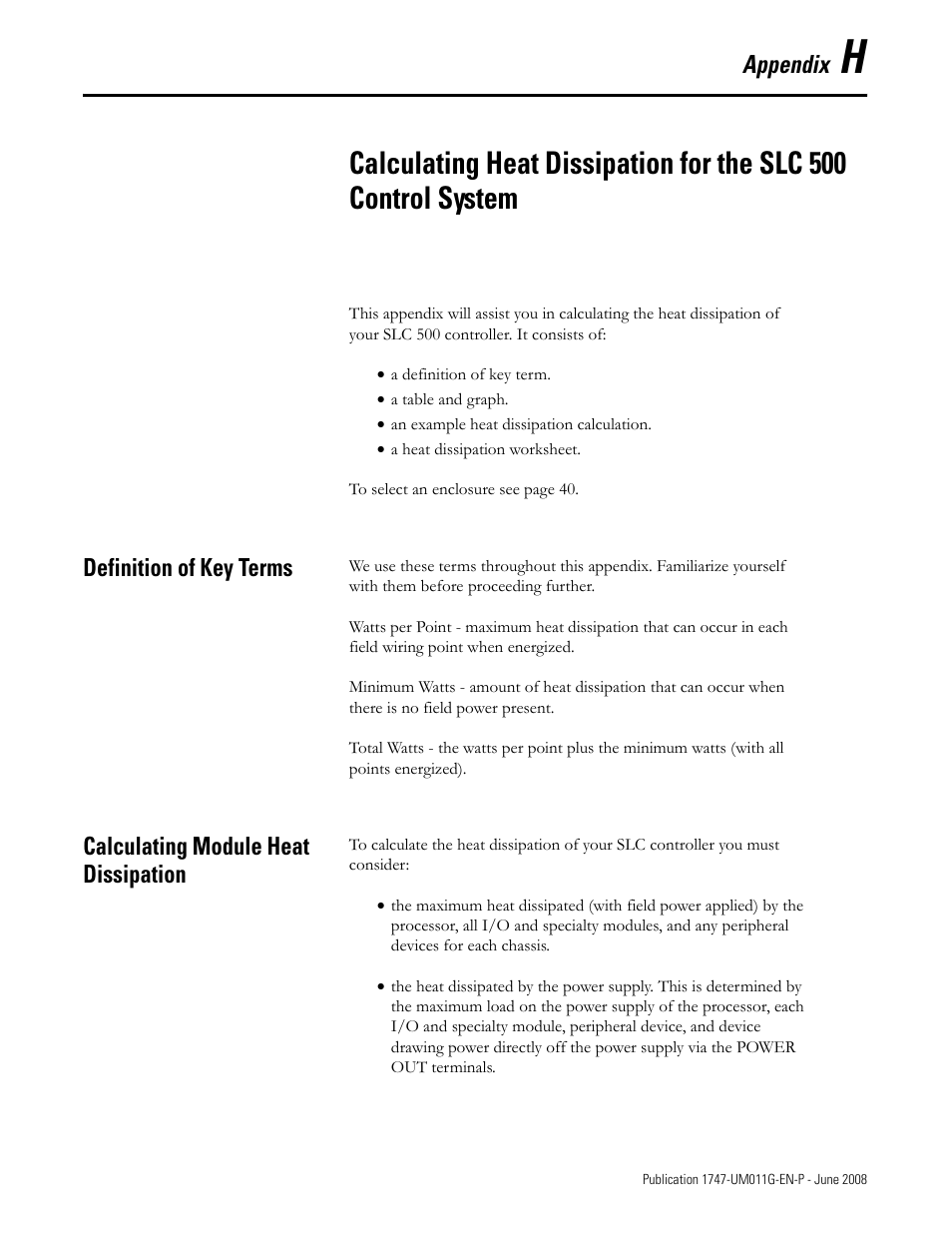 Definition of key terms, Calculating module heat dissipation, Appendix h | Appendix | Rockwell Automation 1747-L5xx SLC 500 Modular Hardware Style User Manual User Manual | Page 261 / 296