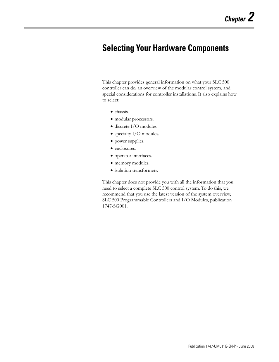 2 - selecting your hardware components, Chapter 2, Selecting your hardware components | Chapter | Rockwell Automation 1747-L5xx SLC 500 Modular Hardware Style User Manual User Manual | Page 27 / 296