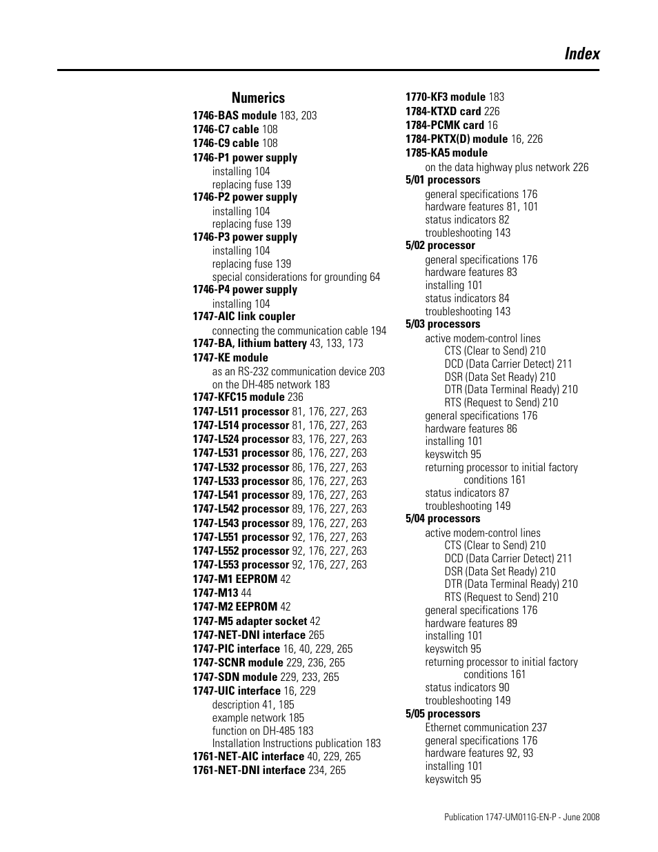 Index, Numerics | Rockwell Automation 1747-L5xx SLC 500 Modular Hardware Style User Manual User Manual | Page 287 / 296