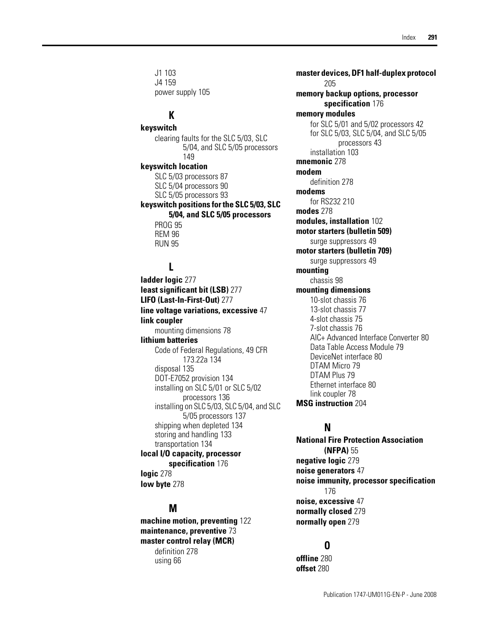 Rockwell Automation 1747-L5xx SLC 500 Modular Hardware Style User Manual User Manual | Page 291 / 296