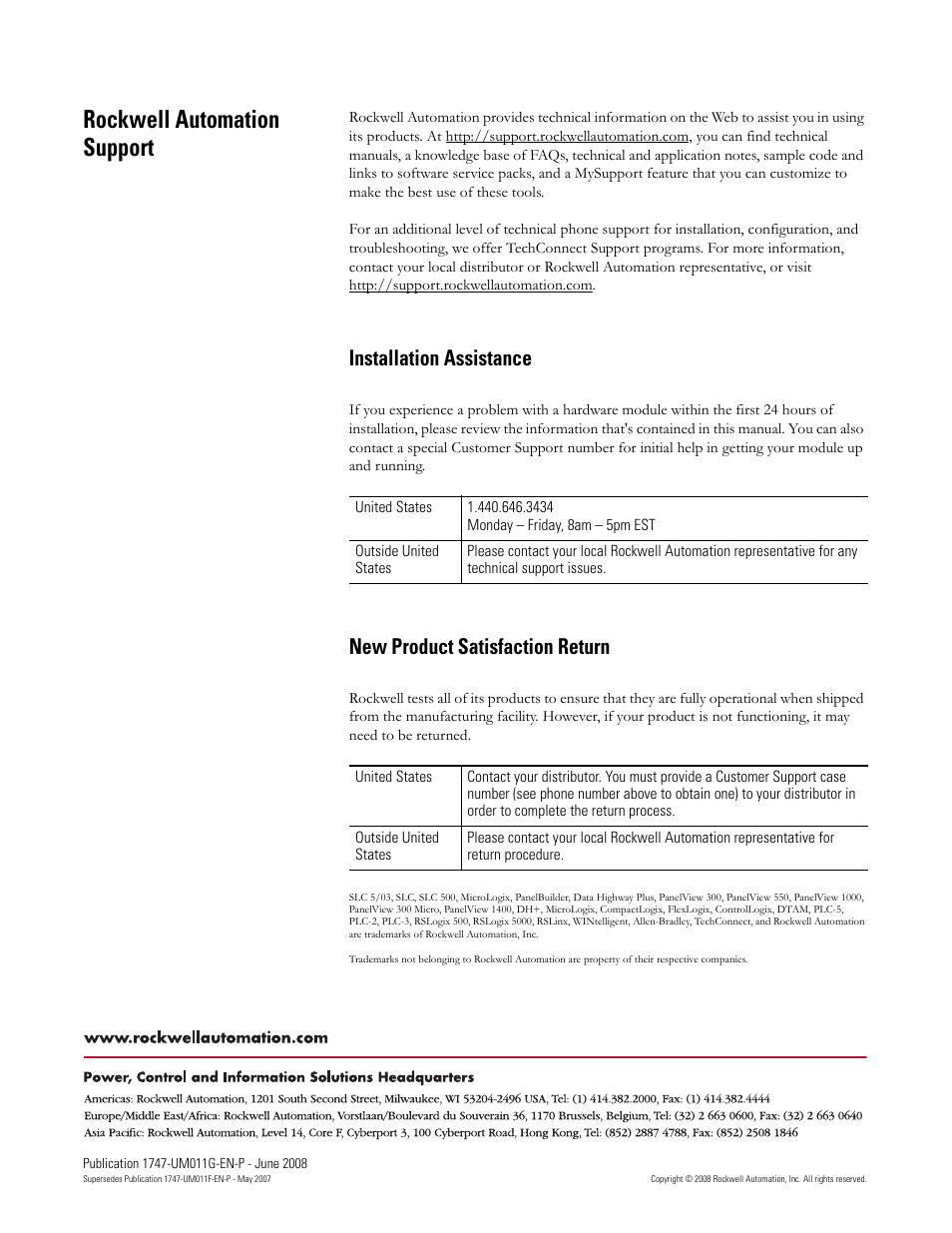 Rockwell automation support, Installation assistance, New product satisfaction return | Rockwell Automation 1747-L5xx SLC 500 Modular Hardware Style User Manual User Manual | Page 296 / 296