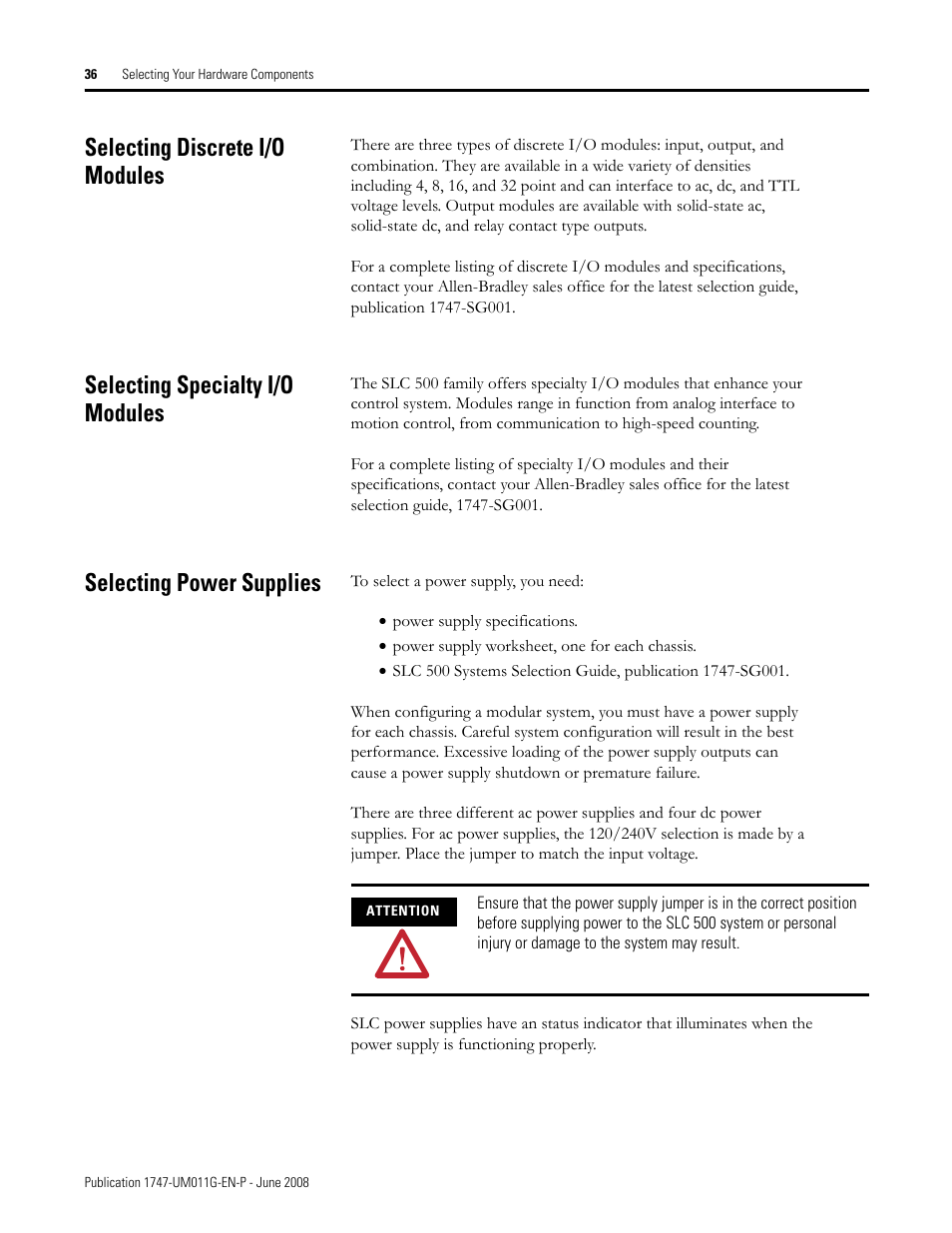 Selecting discrete i/o modules, Selecting specialty i/o modules, Selecting power supplies | Rockwell Automation 1747-L5xx SLC 500 Modular Hardware Style User Manual User Manual | Page 36 / 296