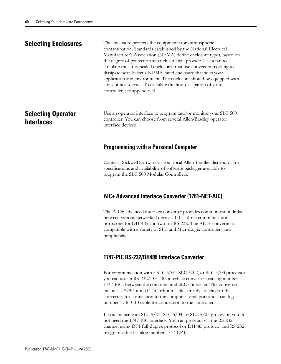 Selecting enclosures, Selecting operator interfaces, Selecting enclosures selecting operator interfaces | Rockwell Automation 1747-L5xx SLC 500 Modular Hardware Style User Manual User Manual | Page 40 / 296