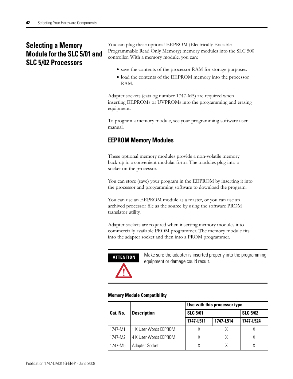 Eeprom memory modules | Rockwell Automation 1747-L5xx SLC 500 Modular Hardware Style User Manual User Manual | Page 42 / 296